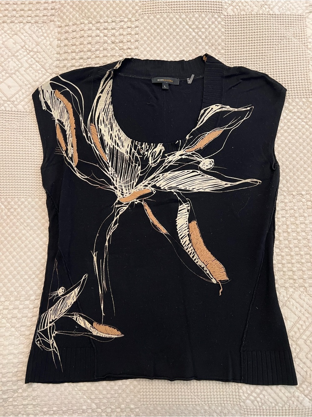 BCBGMaxAzria Black Sleeveless Top with Cream and Tan Floral Sketch size L